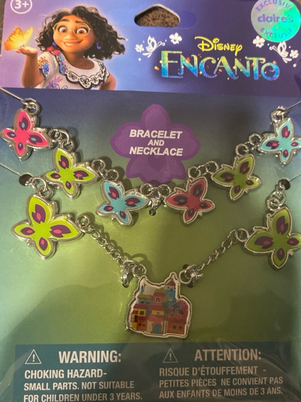 Disney Encanto Butterfly Necklace and Bracelet Set - Pink, Green, Blue